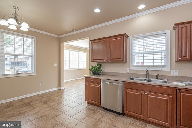 kitchen with baseboards, ornamental molding, a sink, light countertops, and stainless steel dishwasher