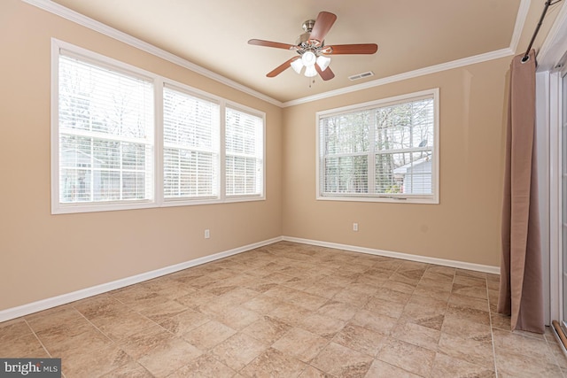 unfurnished bedroom with visible vents, baseboards, ceiling fan, and crown molding