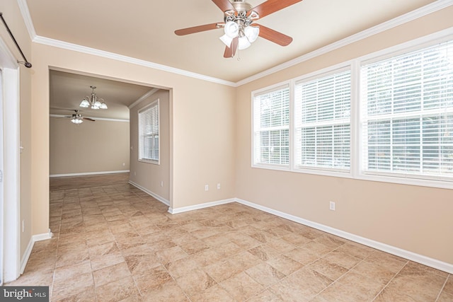 unfurnished room featuring crown molding, ceiling fan with notable chandelier, and baseboards