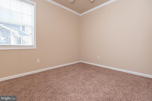 carpeted spare room featuring a ceiling fan, crown molding, and baseboards