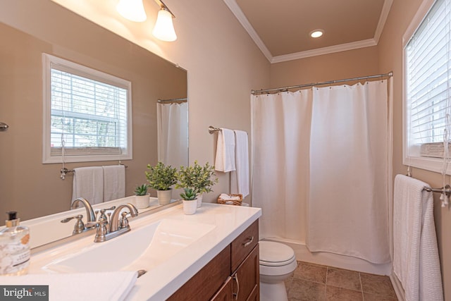 full bath featuring plenty of natural light, toilet, ornamental molding, and vanity