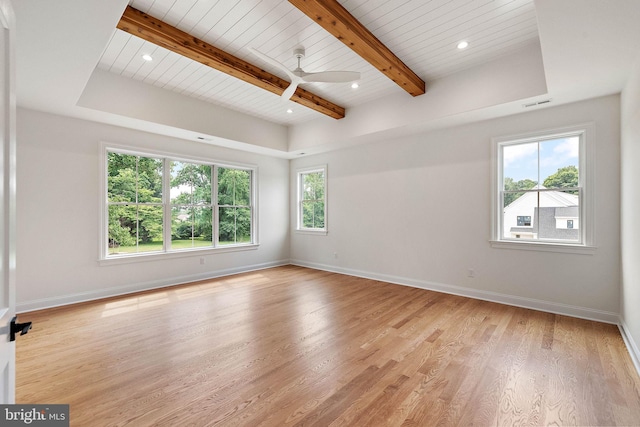 empty room with baseboards, beam ceiling, and a healthy amount of sunlight