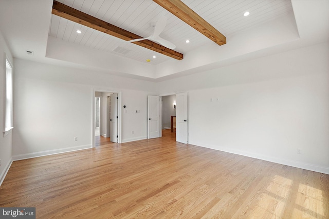 empty room with baseboards, recessed lighting, wood ceiling, light wood-style floors, and beamed ceiling