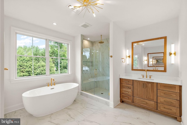 full bath with vanity, visible vents, marble finish floor, and a marble finish shower