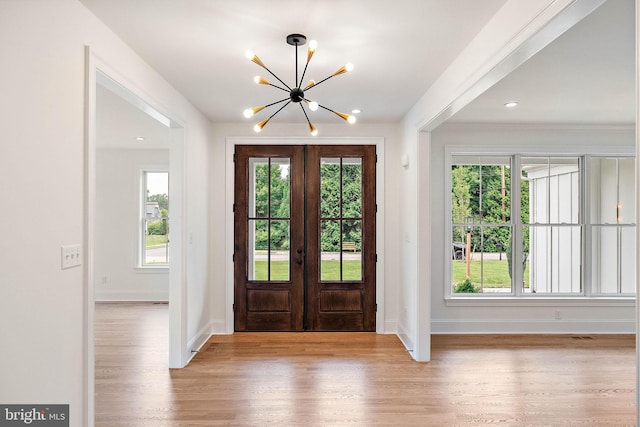 entryway featuring french doors, wood finished floors, baseboards, and a wealth of natural light