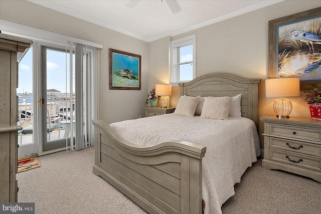 bedroom with ornamental molding, a ceiling fan, light colored carpet, and access to exterior