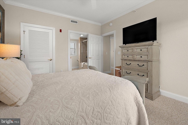 carpeted bedroom with connected bathroom, a ceiling fan, baseboards, visible vents, and crown molding