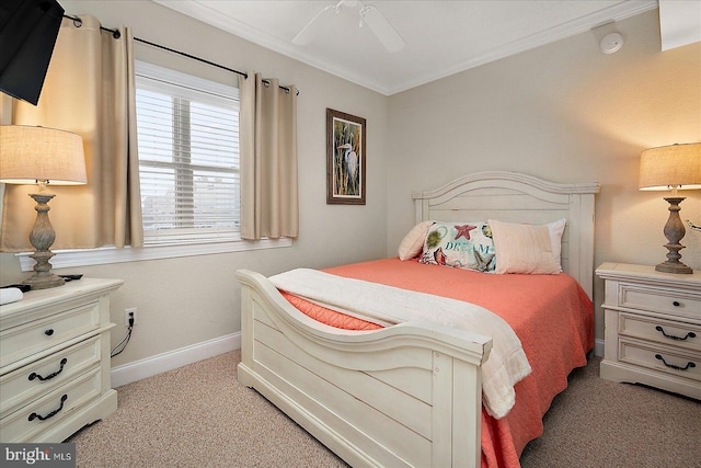 bedroom with baseboards, ceiling fan, light colored carpet, and crown molding