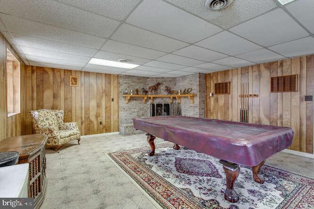 playroom with wooden walls, visible vents, a drop ceiling, and pool table