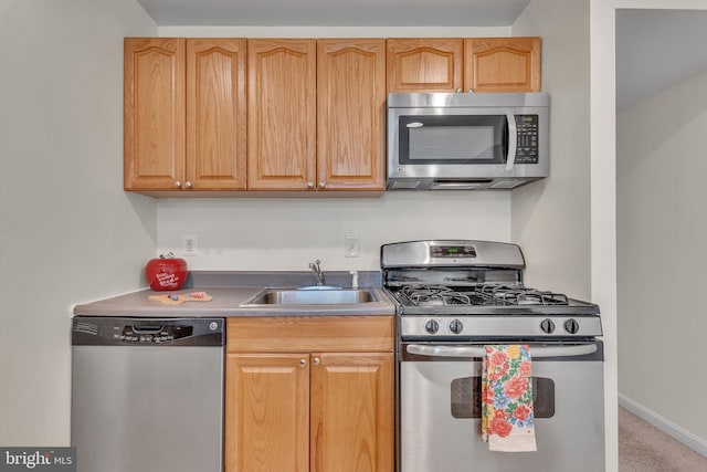 kitchen with baseboards, appliances with stainless steel finishes, and a sink