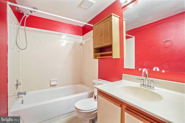 full bath with toilet, shower / bathtub combination, vanity, and visible vents