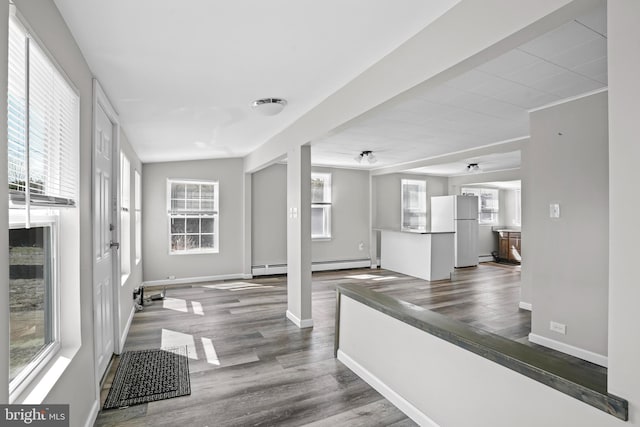 entrance foyer featuring baseboard heating, wood finished floors, and baseboards