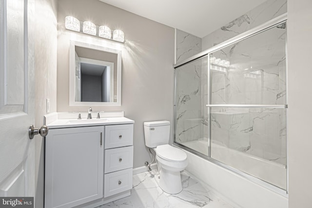 bathroom with marble finish floor, combined bath / shower with glass door, vanity, and toilet