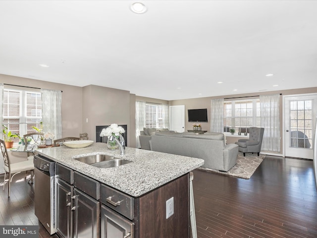 kitchen featuring a sink, dark wood-type flooring, stainless steel dishwasher, and dark brown cabinetry