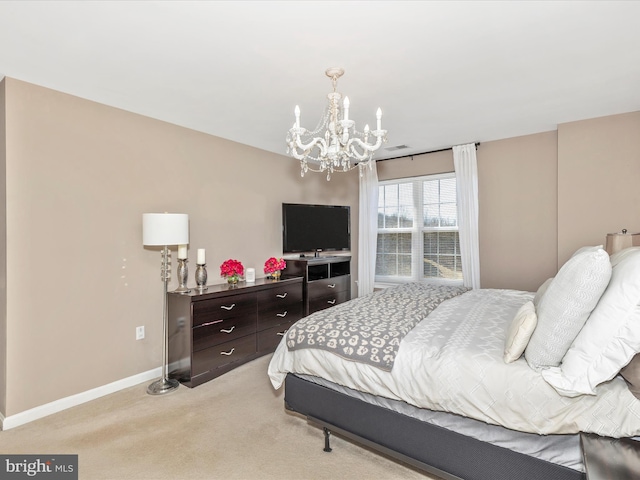 bedroom featuring a notable chandelier, baseboards, light colored carpet, and visible vents