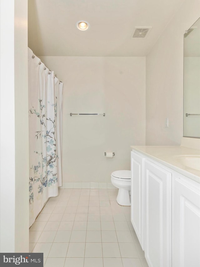 full bathroom with tile patterned flooring, visible vents, toilet, recessed lighting, and vanity