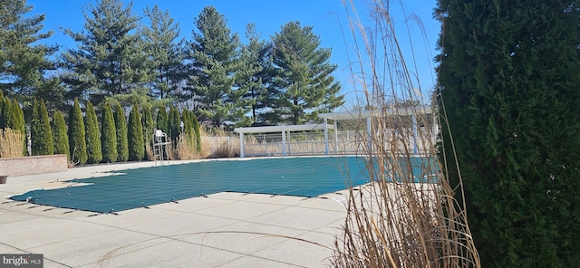 view of swimming pool featuring a patio area, a fenced in pool, and fence