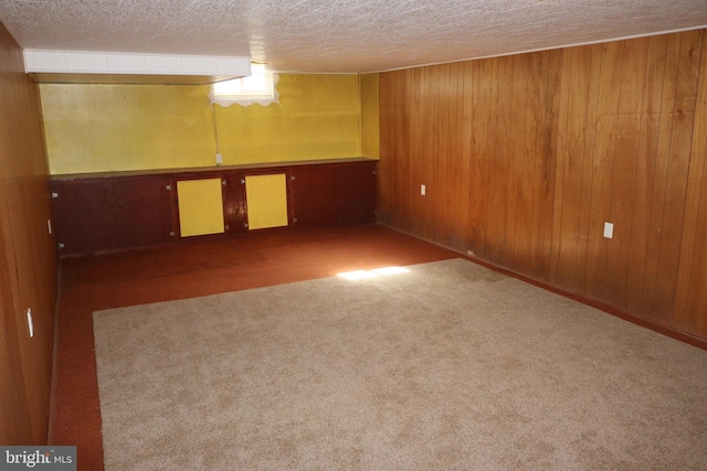 finished below grade area featuring carpet flooring, a textured ceiling, and wooden walls