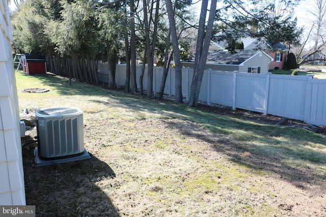 view of yard featuring central AC unit and a fenced backyard