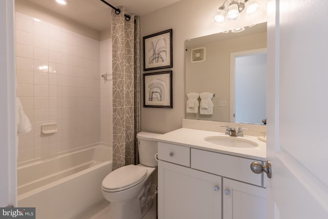 bathroom featuring toilet, shower / bathtub combination with curtain, and vanity