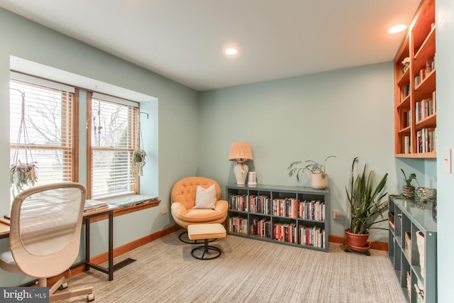 sitting room with recessed lighting, baseboards, and carpet