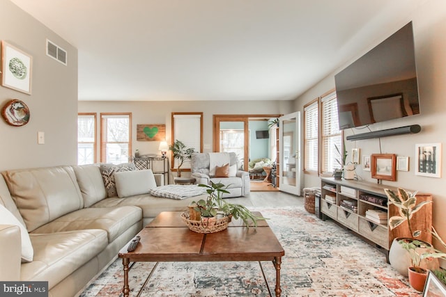 living area featuring plenty of natural light, wood finished floors, and visible vents