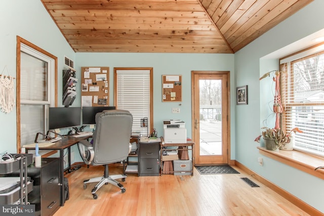 office space with visible vents, wood ceiling, wood finished floors, and vaulted ceiling