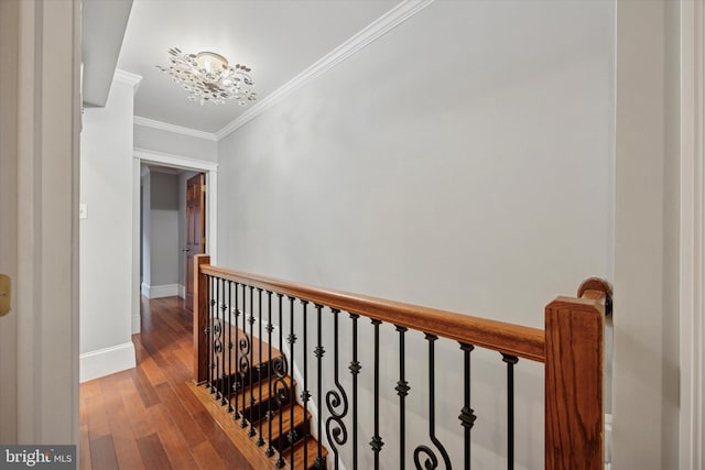 hallway featuring a notable chandelier, wood-type flooring, ornamental molding, and baseboards