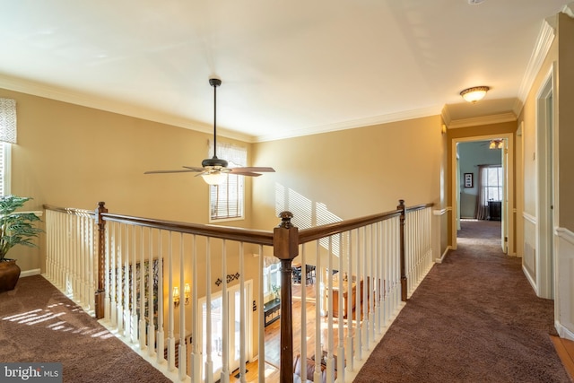 hallway featuring crown molding, baseboards, and carpet floors