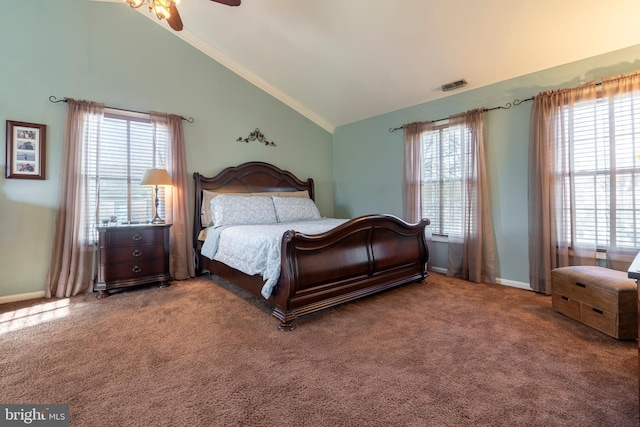 carpeted bedroom with visible vents, baseboards, and high vaulted ceiling