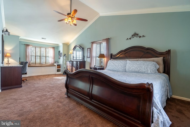 carpeted bedroom featuring baseboards, visible vents, lofted ceiling, ceiling fan, and crown molding