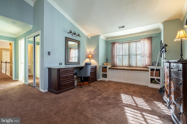 home office featuring visible vents, carpet floors, baseboards, and ornamental molding