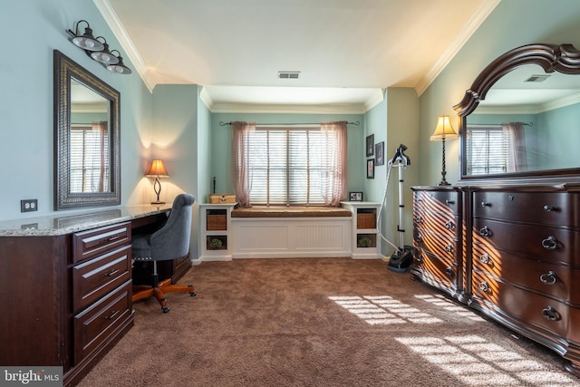 carpeted home office featuring crown molding, baseboards, and visible vents