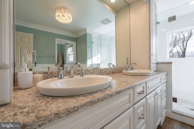 bathroom featuring a shower stall, visible vents, and a sink