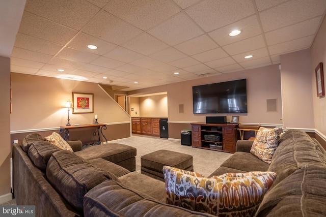 living area with recessed lighting, baseboards, and carpet flooring