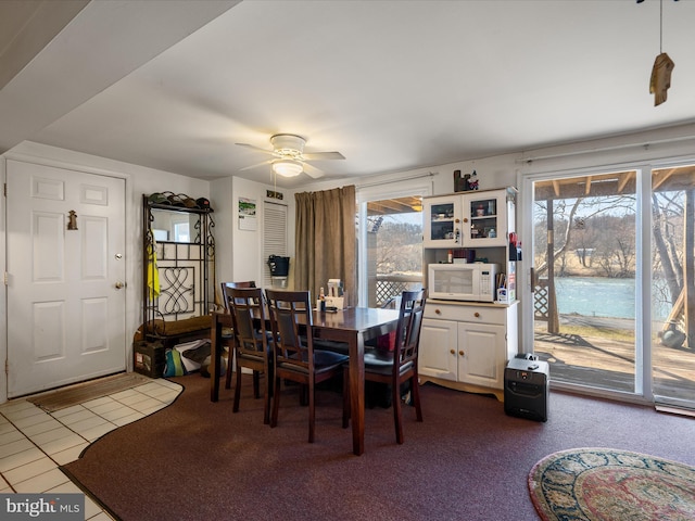 dining area featuring a wealth of natural light, tile patterned floors, and ceiling fan