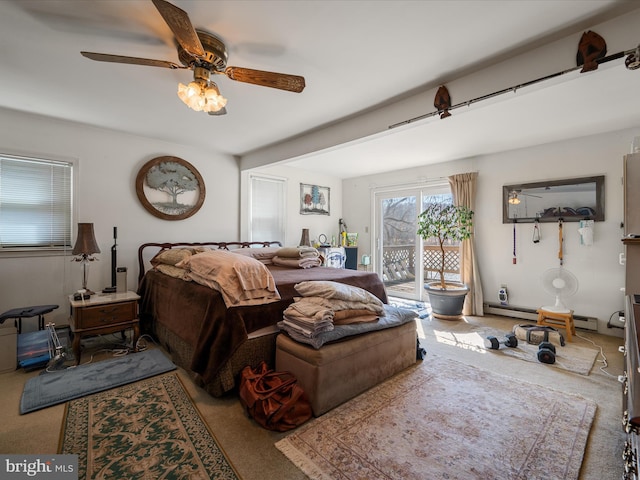 bedroom with access to exterior, baseboard heating, carpet, and ceiling fan