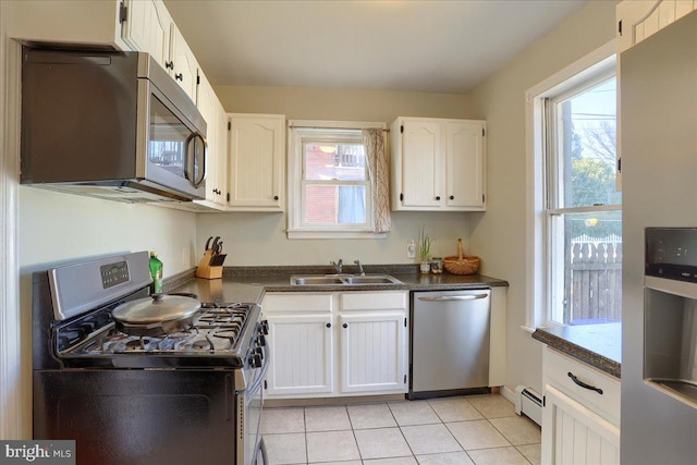 kitchen featuring a baseboard radiator, a sink, stainless steel appliances, white cabinets, and dark countertops