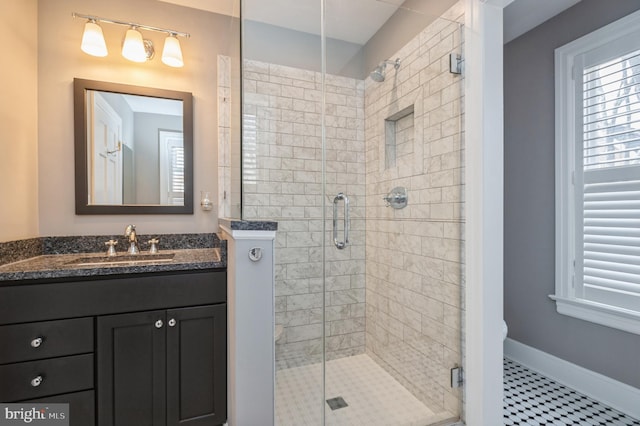 bathroom featuring a shower stall, vanity, and baseboards