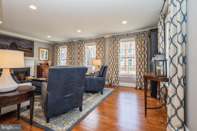 living room with ornamental molding, a fireplace, wood finished floors, and recessed lighting