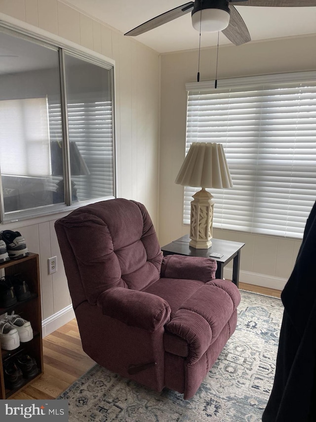 living area featuring a ceiling fan and wood finished floors