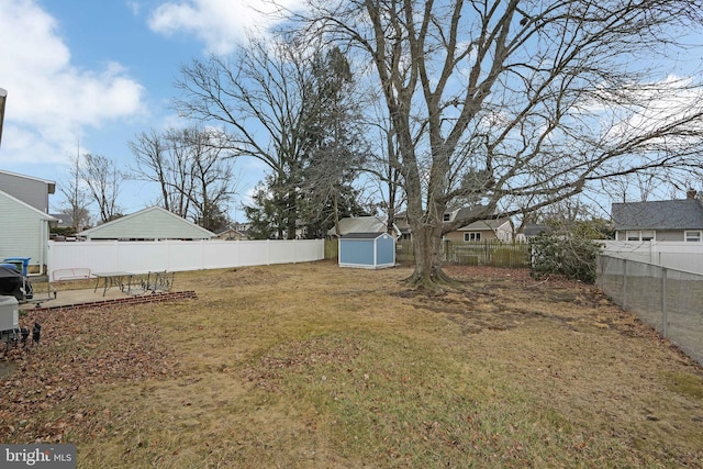 view of yard with a storage unit, an outdoor structure, and a fenced backyard