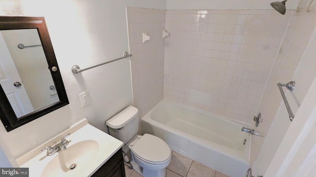 full bath featuring shower / tub combination, tile patterned flooring, vanity, and toilet