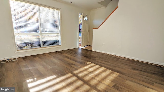 foyer featuring a healthy amount of sunlight, crown molding, baseboards, and wood finished floors