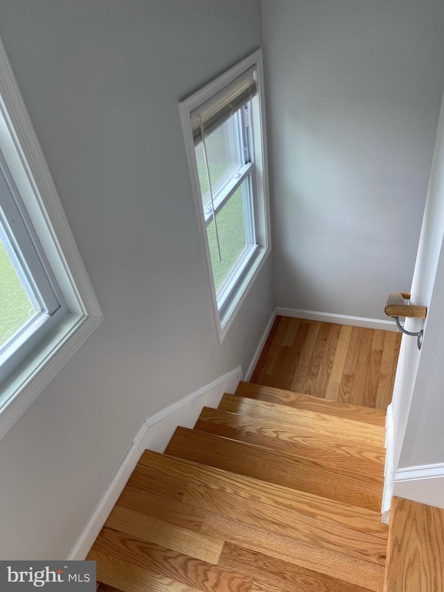 stairs with baseboards and wood finished floors