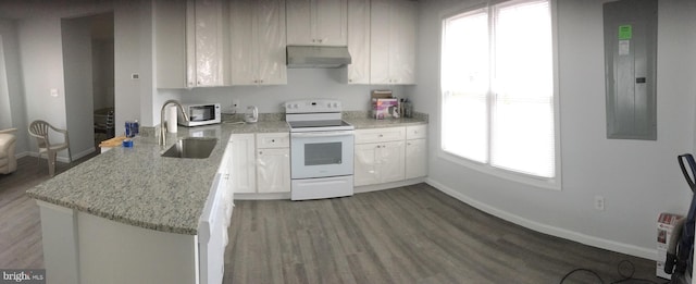 kitchen featuring white appliances, electric panel, baseboards, under cabinet range hood, and a sink