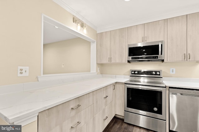 kitchen featuring light stone countertops, light brown cabinets, dark wood-style flooring, appliances with stainless steel finishes, and crown molding