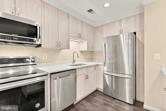 kitchen with a sink, light countertops, appliances with stainless steel finishes, and light brown cabinetry