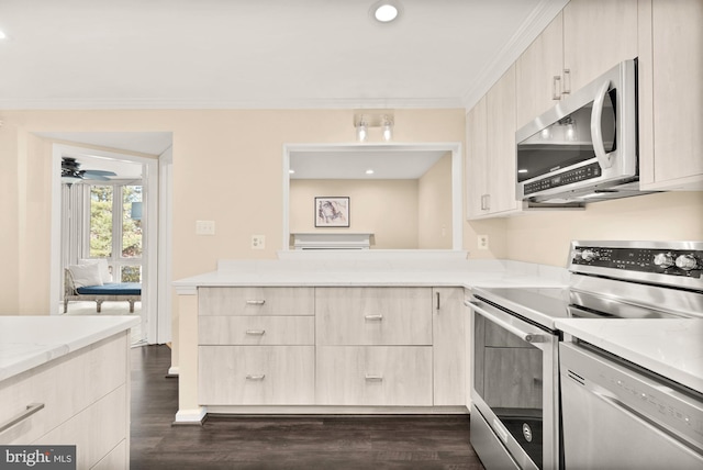 kitchen featuring light brown cabinetry, dark wood-style floors, appliances with stainless steel finishes, and crown molding