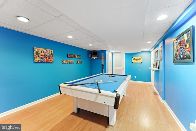 playroom featuring a paneled ceiling, billiards, baseboards, and wood finished floors